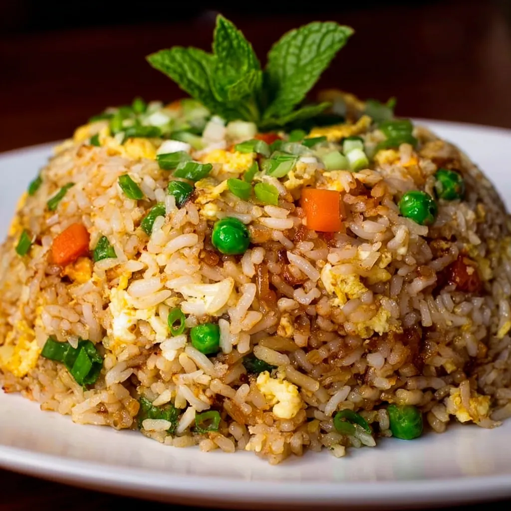 A plate of rice with peas and carrots.