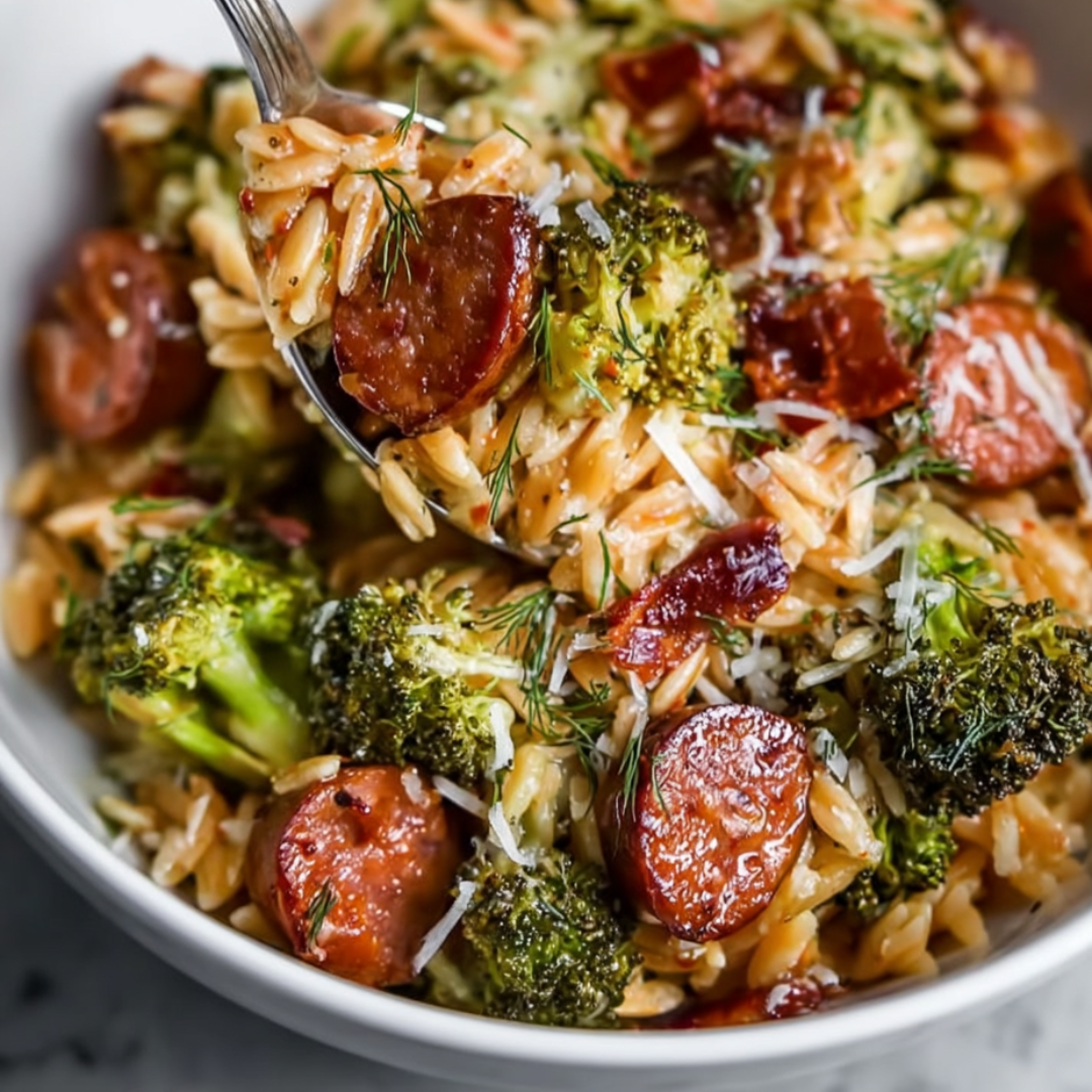 A bowl of pasta with sausage and broccoli.
