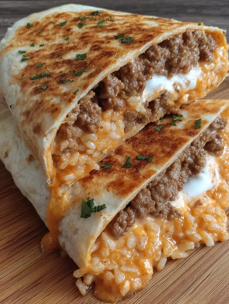 A burrito with rice and meat on a wooden table.