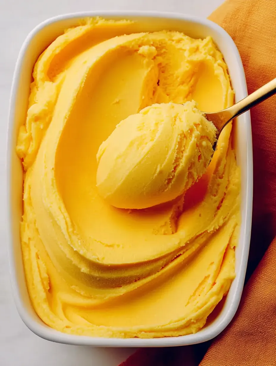 A spoon is in a bowl of yellow ice cream.