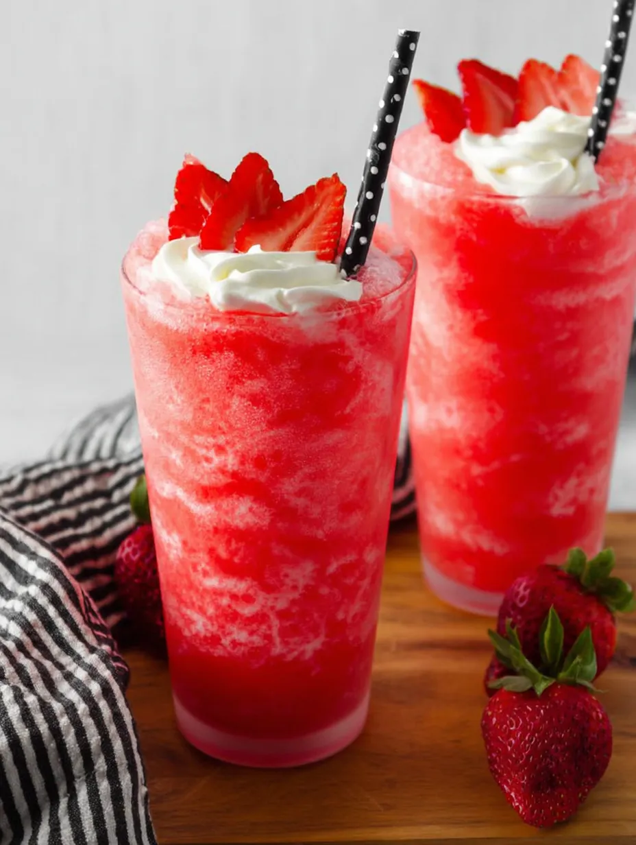 Two glasses of red strawberry milkshake.