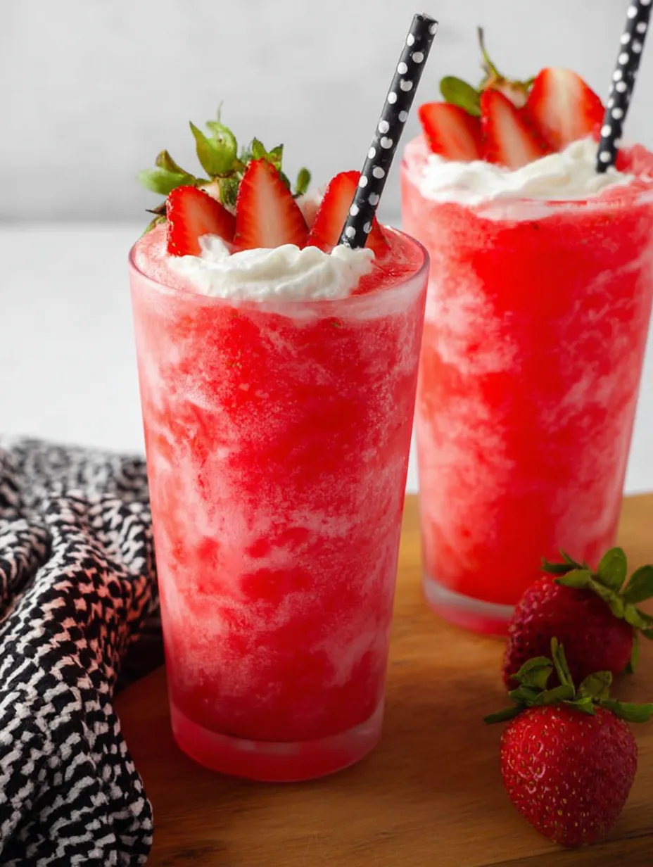 Two glasses of red strawberry milkshake.