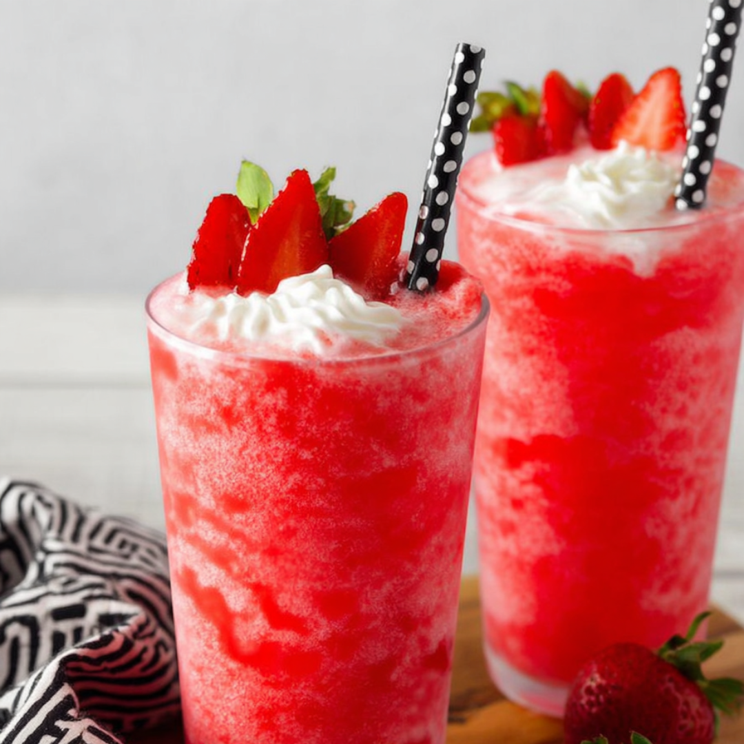 Two glasses of red strawberry milkshakes.
