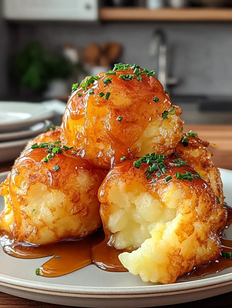 A stack of three fried potatoes with sauce.
