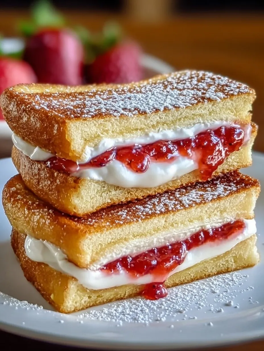 Three stacked sandwiches with white icing and strawberry jam.