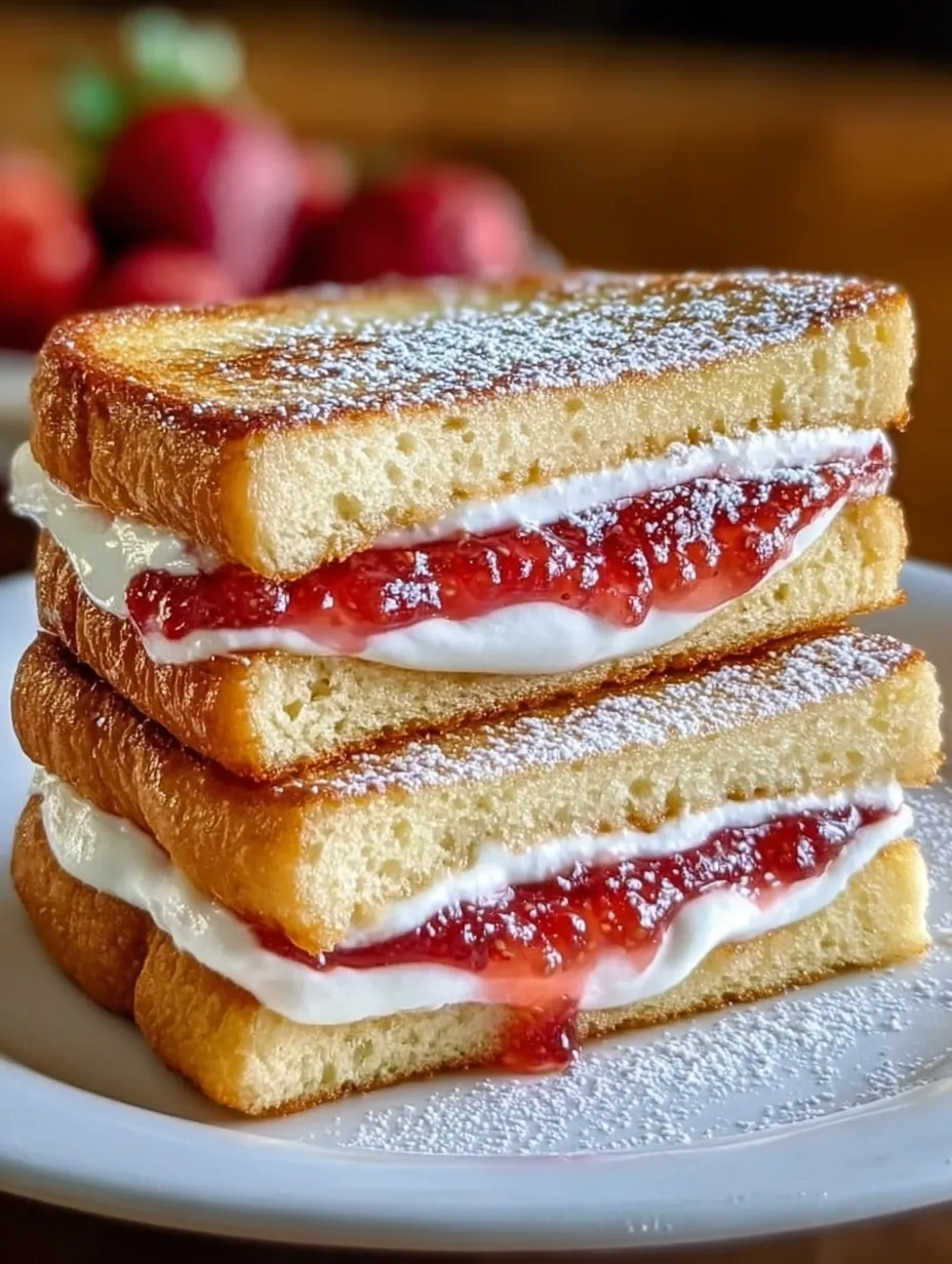 A stack of sandwiches with white frosting and strawberry jam.