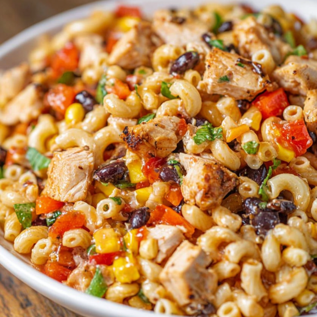 A bowl of pasta with chicken and vegetables.