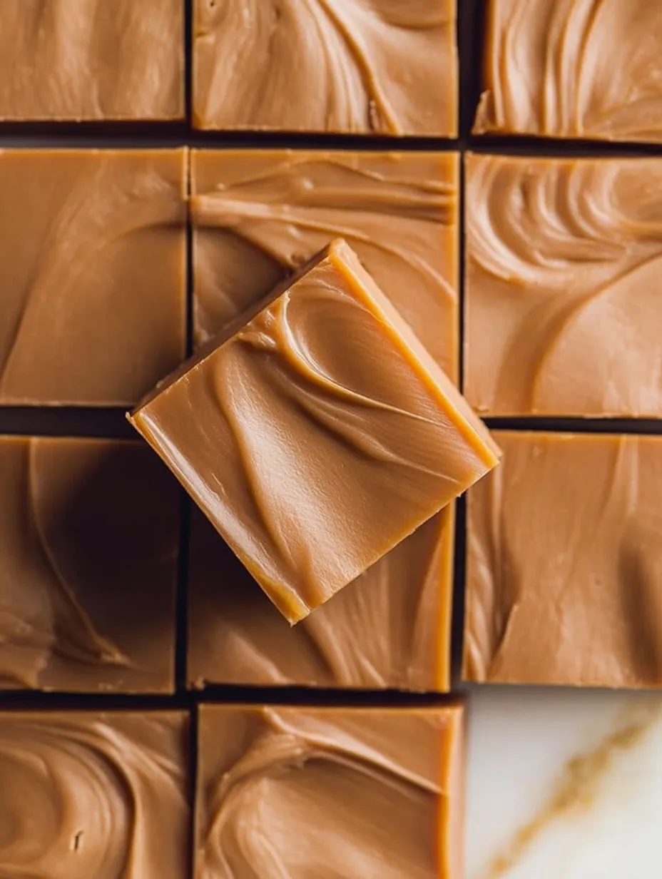 A square of caramel with a bite taken out of it.