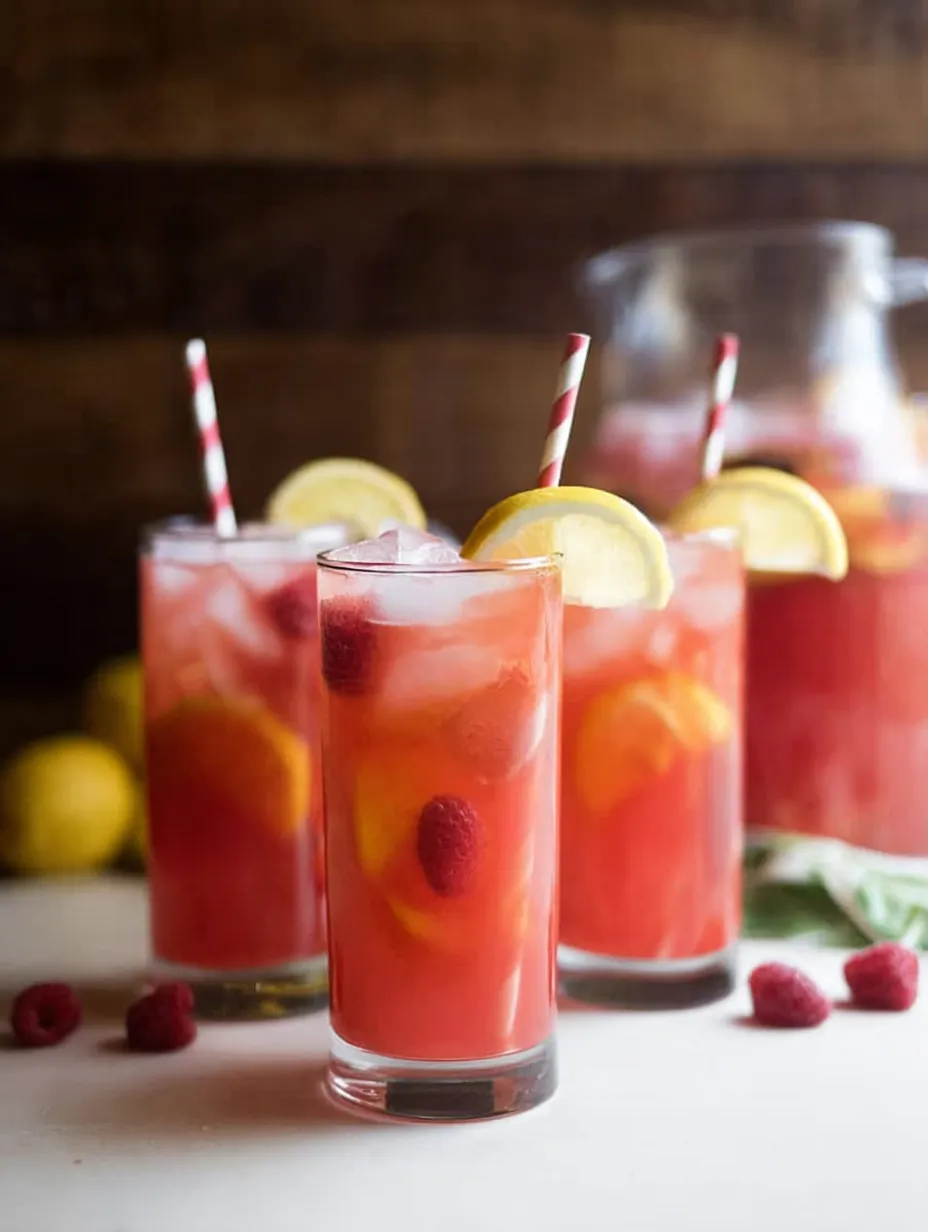 Three glasses of red drink with lemon slices.