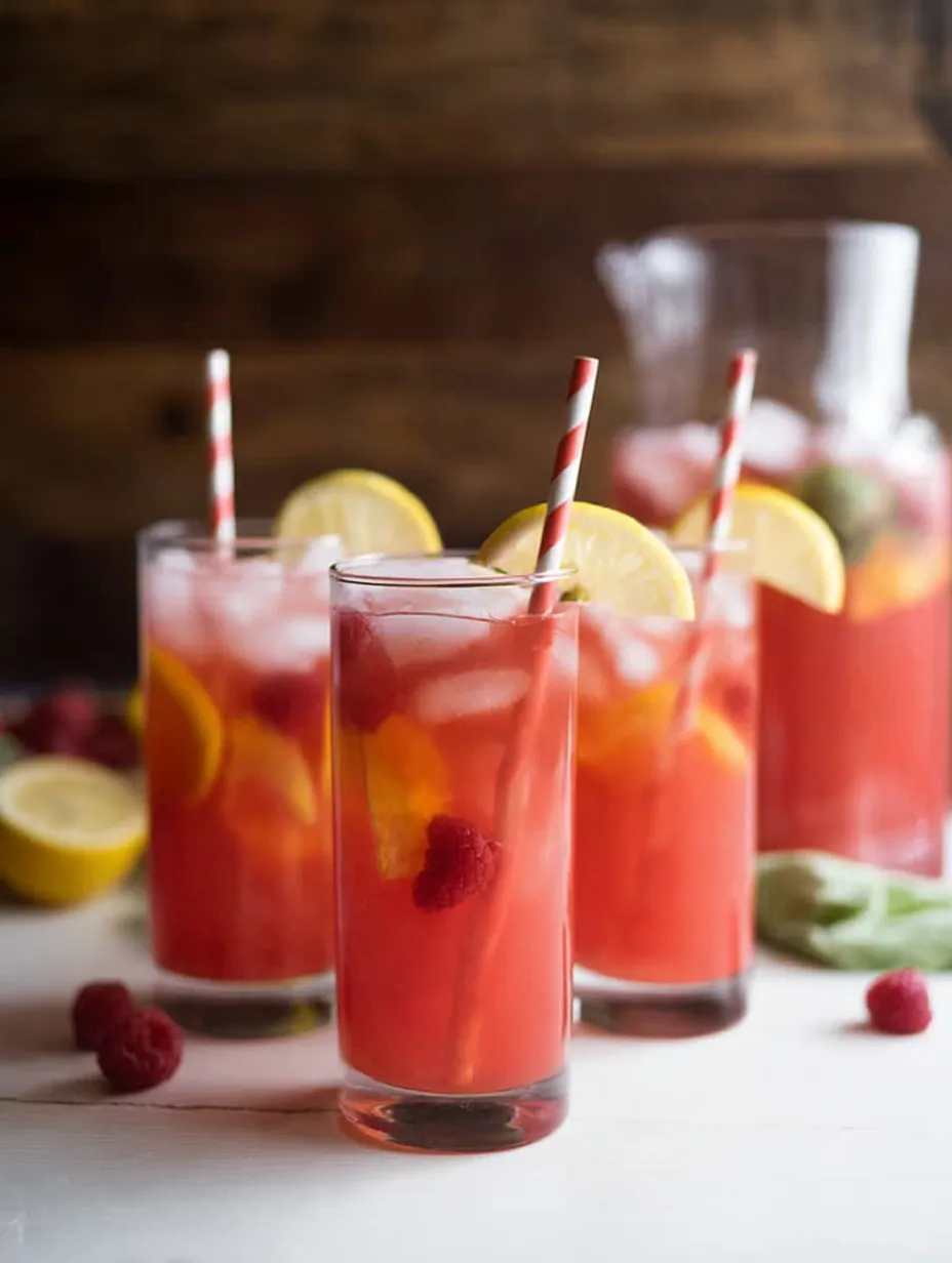 Three glasses of pink lemonade with straws in them.