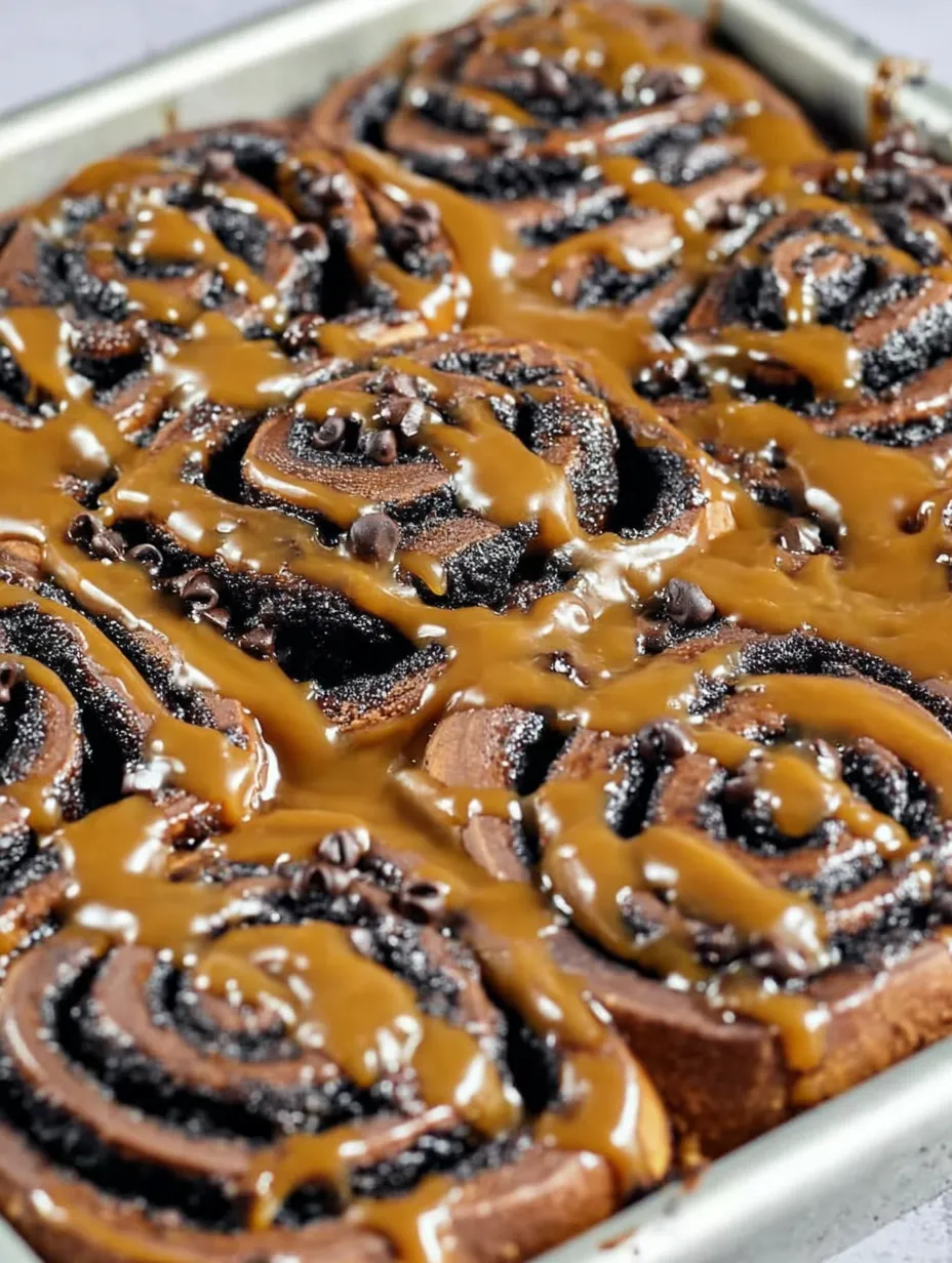 A close up of a chocolate covered cinnamon roll.