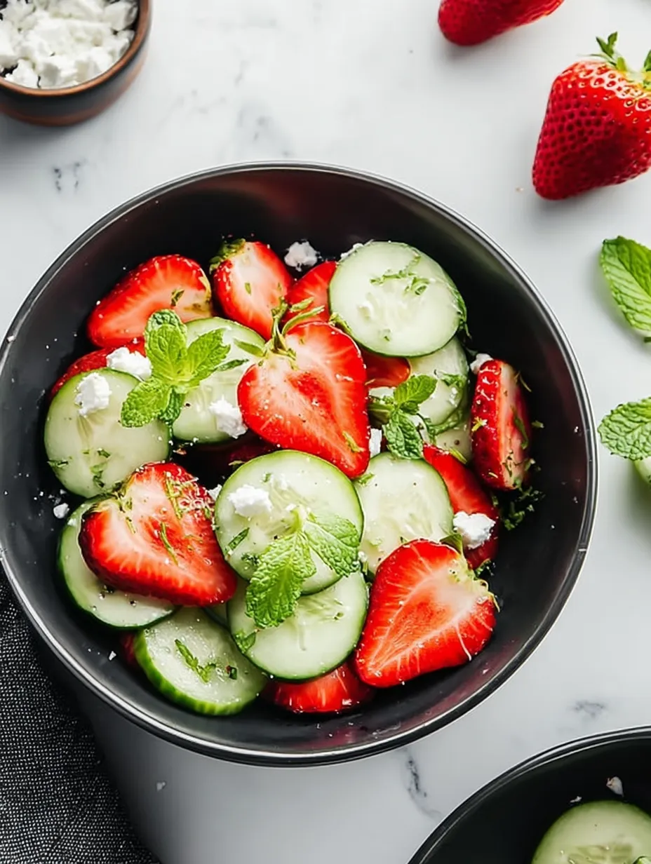 A bowl of strawberries and cucumbers.