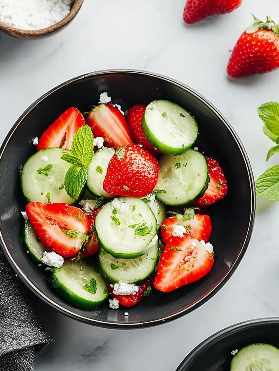 A bowl of fruit with strawberries and cucumbers.