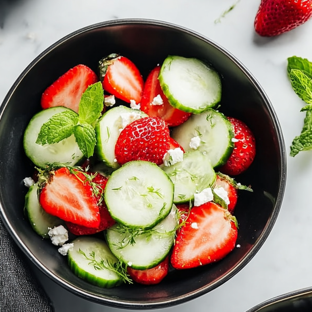 A bowl of fresh fruit with strawberries, cucumbers, and mint.