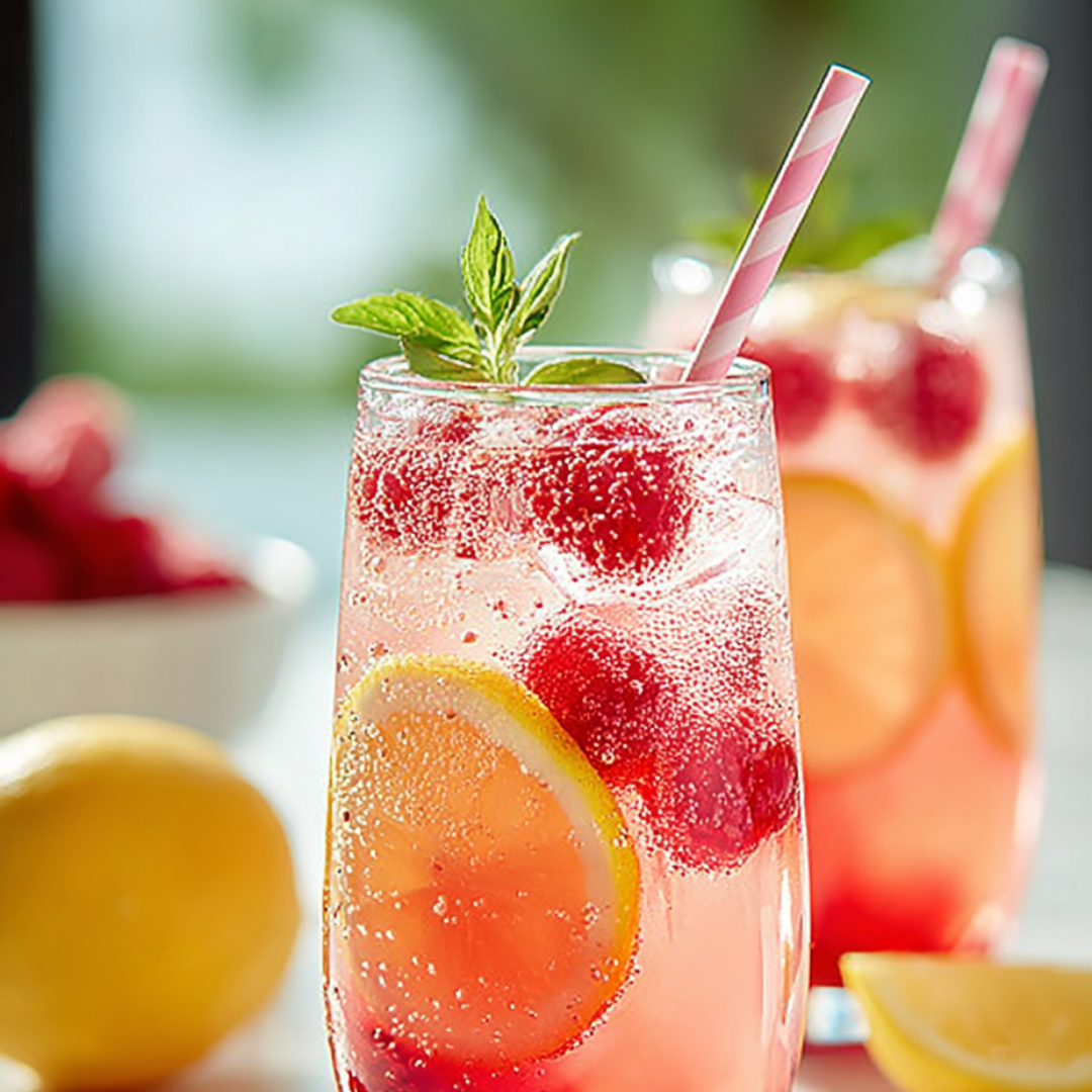Two glasses of pink lemonade with lemon slices in them.