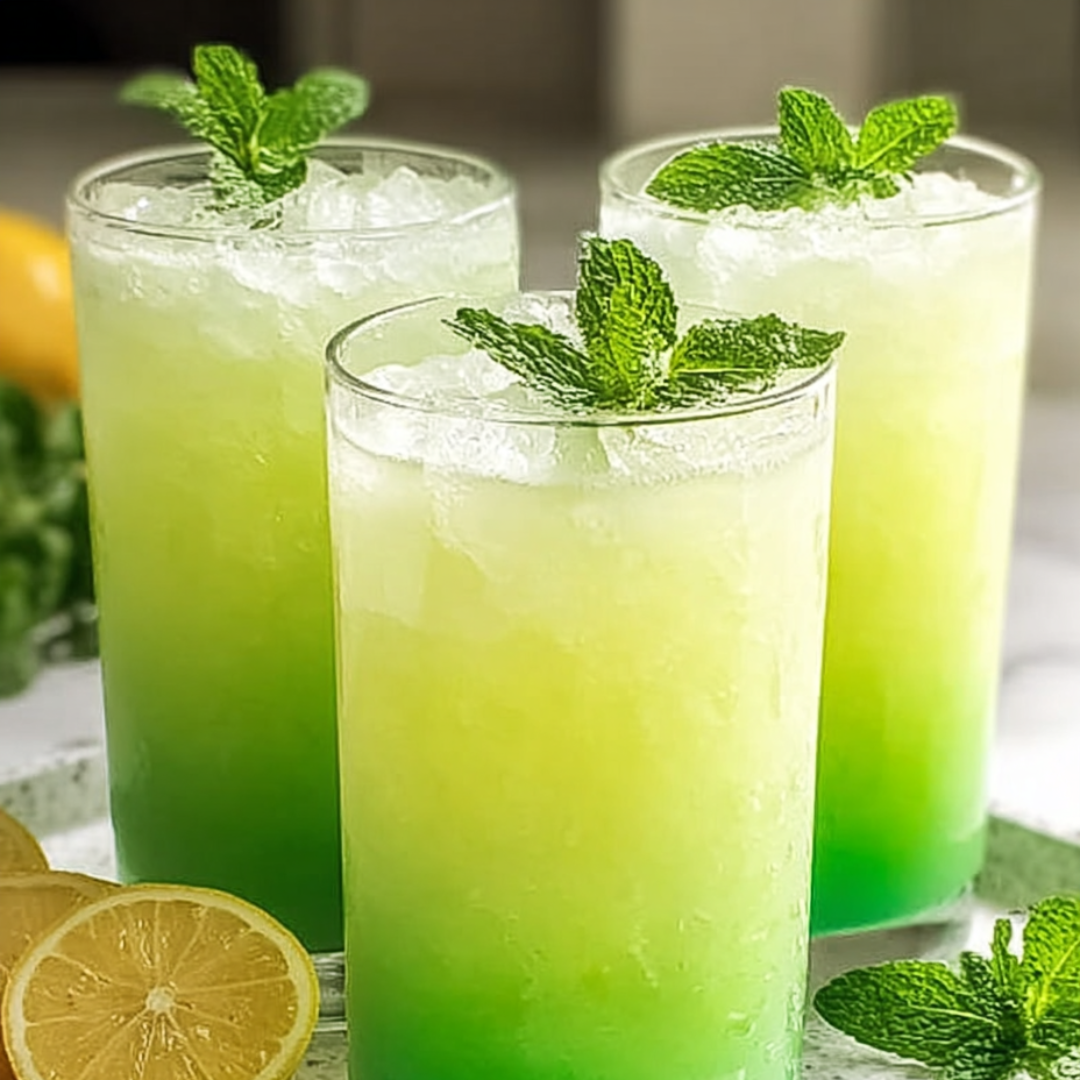 Three glasses of green and yellow drinks.