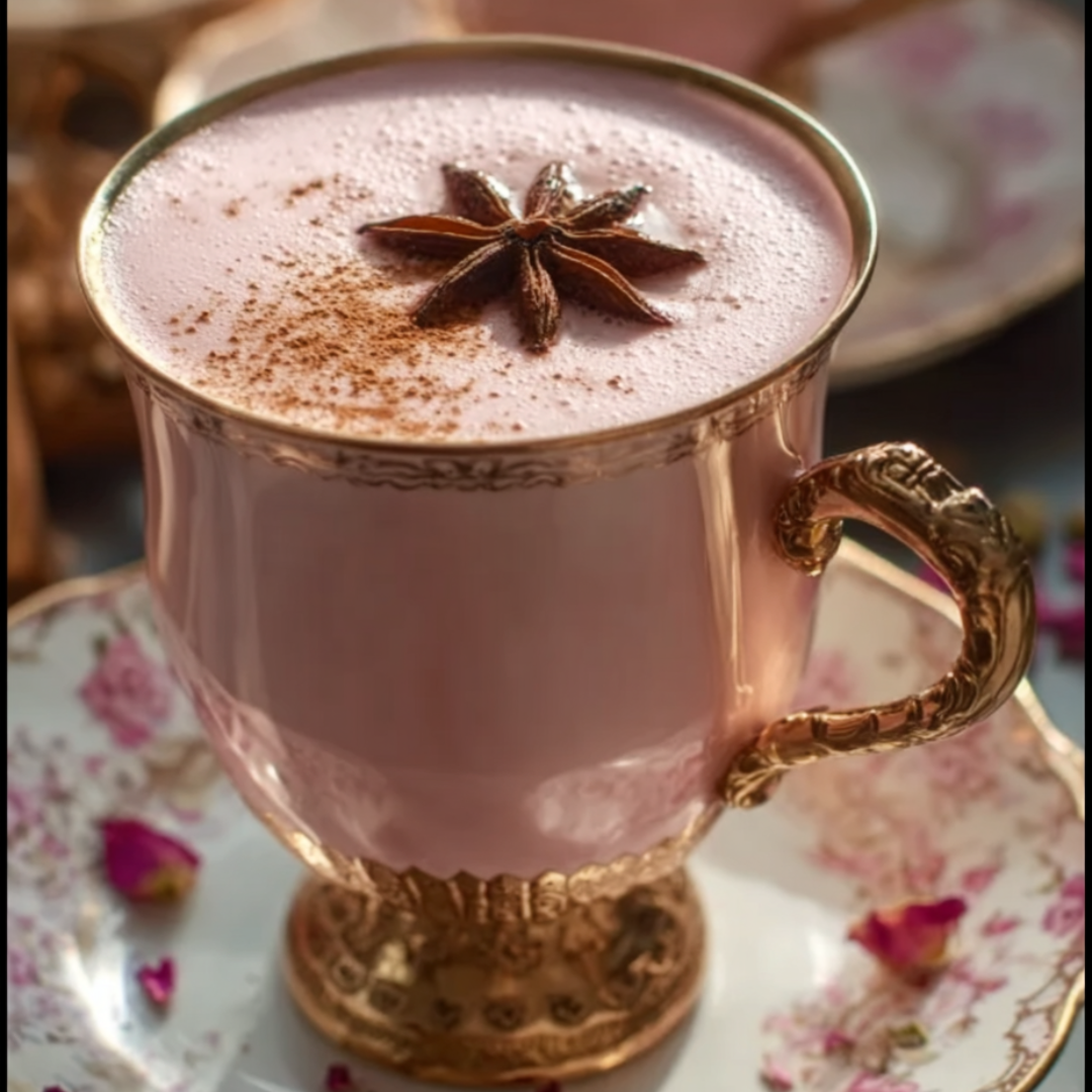 A cup of pink drink with a star on top.