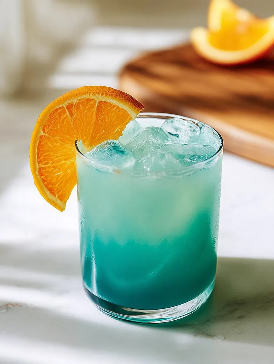 A glass of blue drink with orange slices on the side.