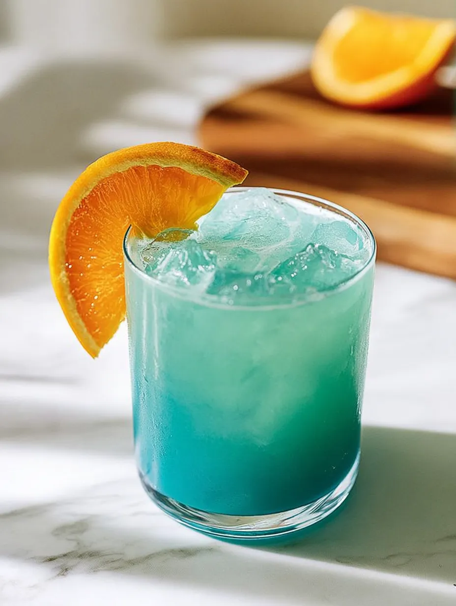 A glass of blue drink with an orange slice on top.