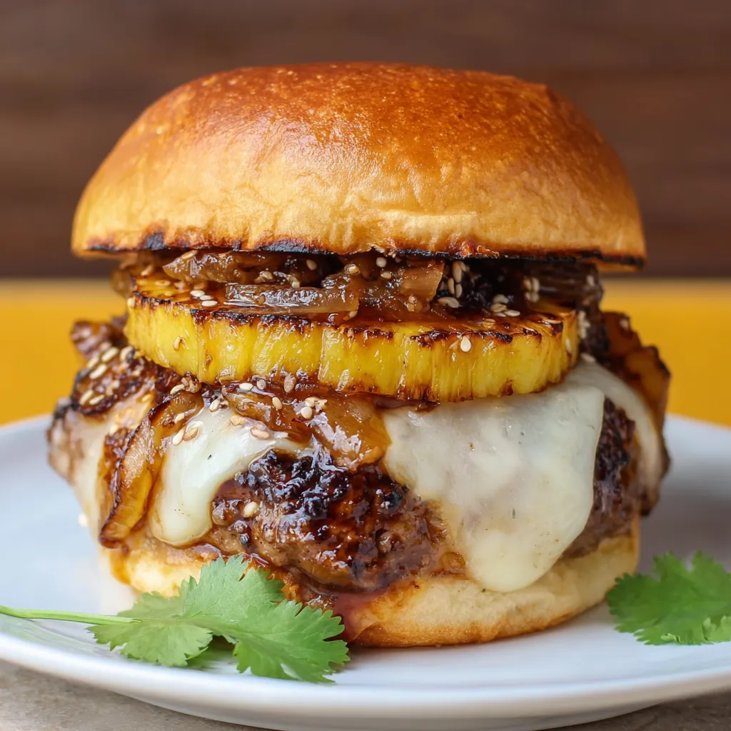 A burger with a pineapple ring on top.
