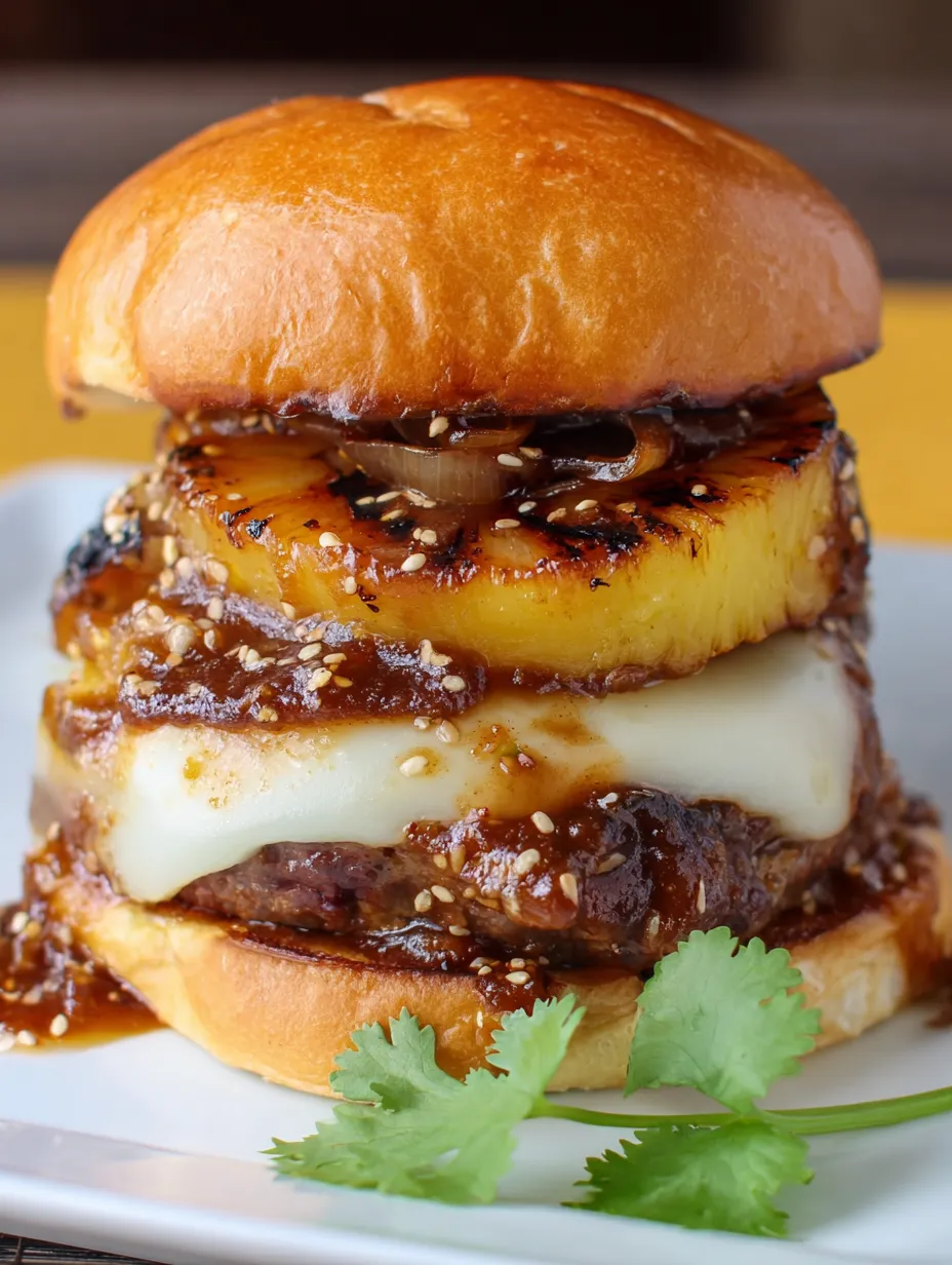 A hamburger with pineapple and cheese.