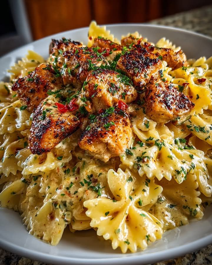 A plate of pasta with chicken and cheese.