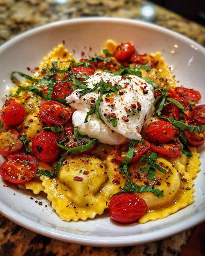 A bowl of pasta with tomatoes and cheese.