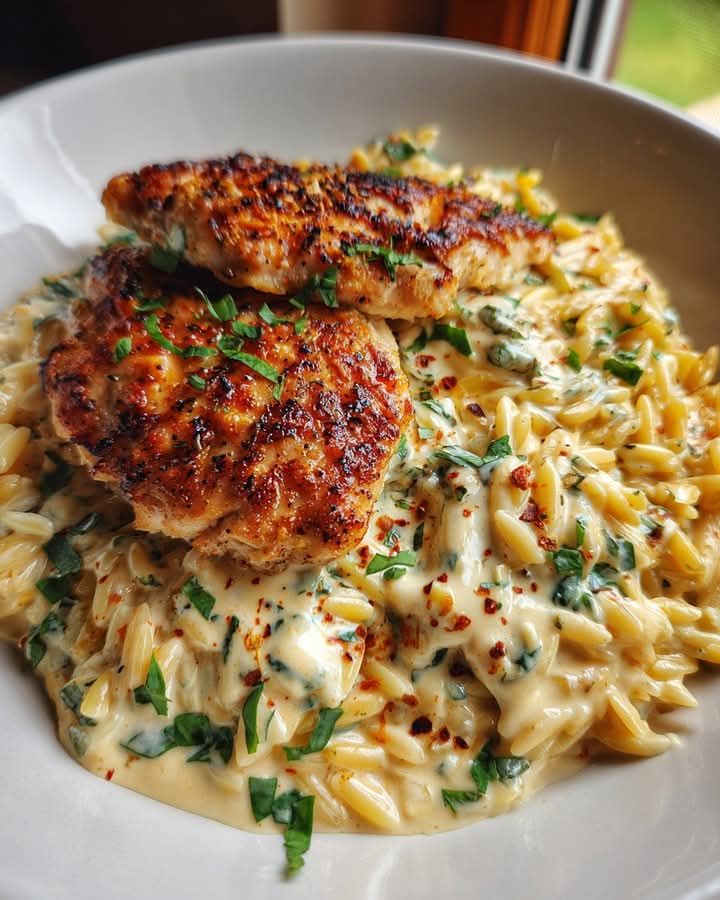 A plate of food with chicken and pasta.