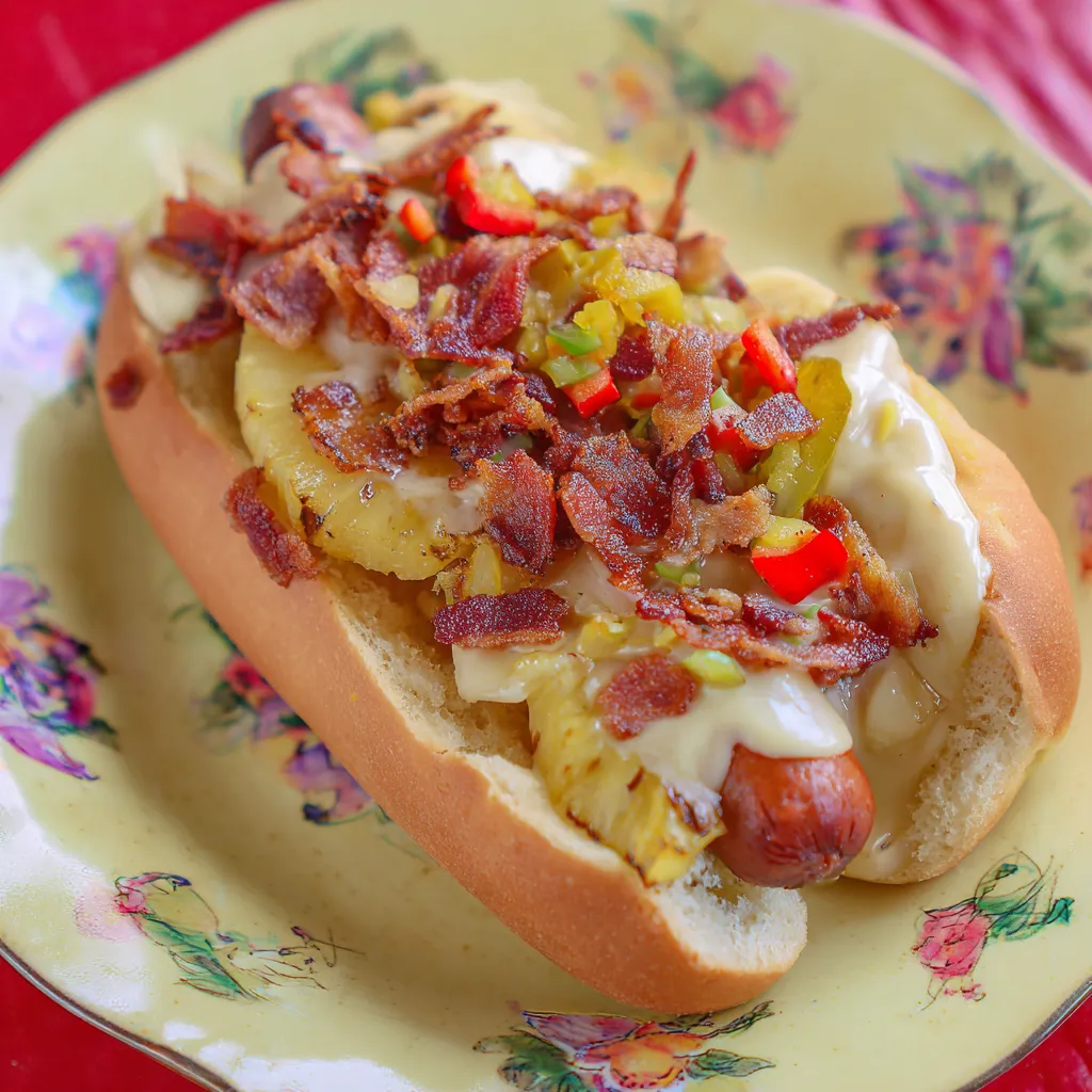 A hot dog with bacon and cheese on a plate.
