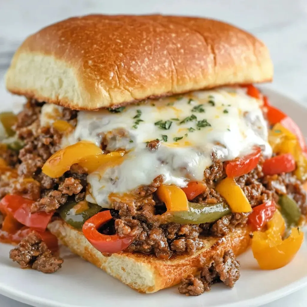 A sandwich with meat, cheese, and peppers.