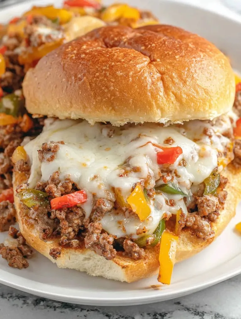A sandwich with meat and cheese on a bun.