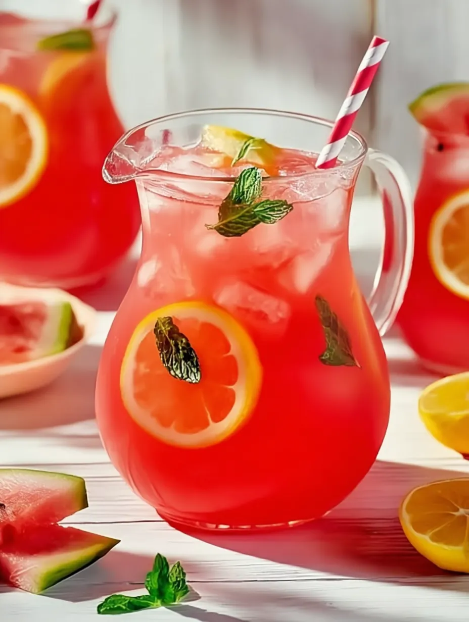 A pitcher of pink lemonade with a straw in it.