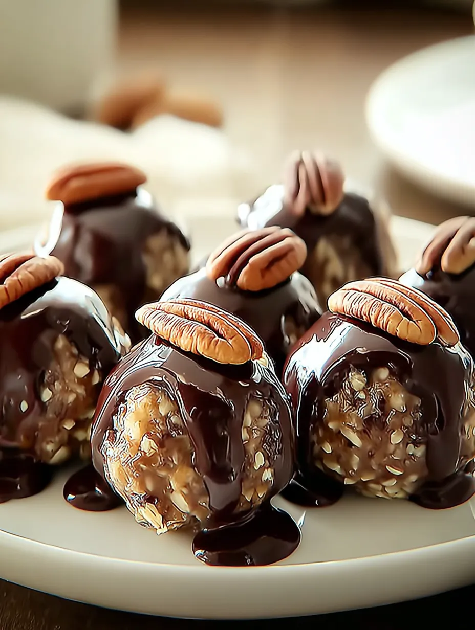 Chocolate covered balls with nuts on top.