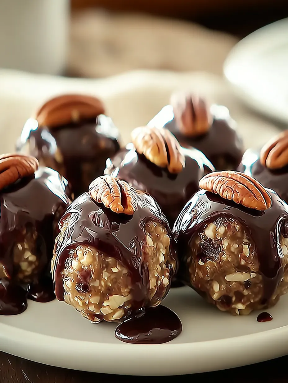 Chocolate covered pecan balls on a plate.