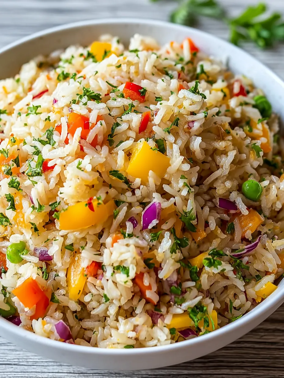A bowl of rice with vegetables.