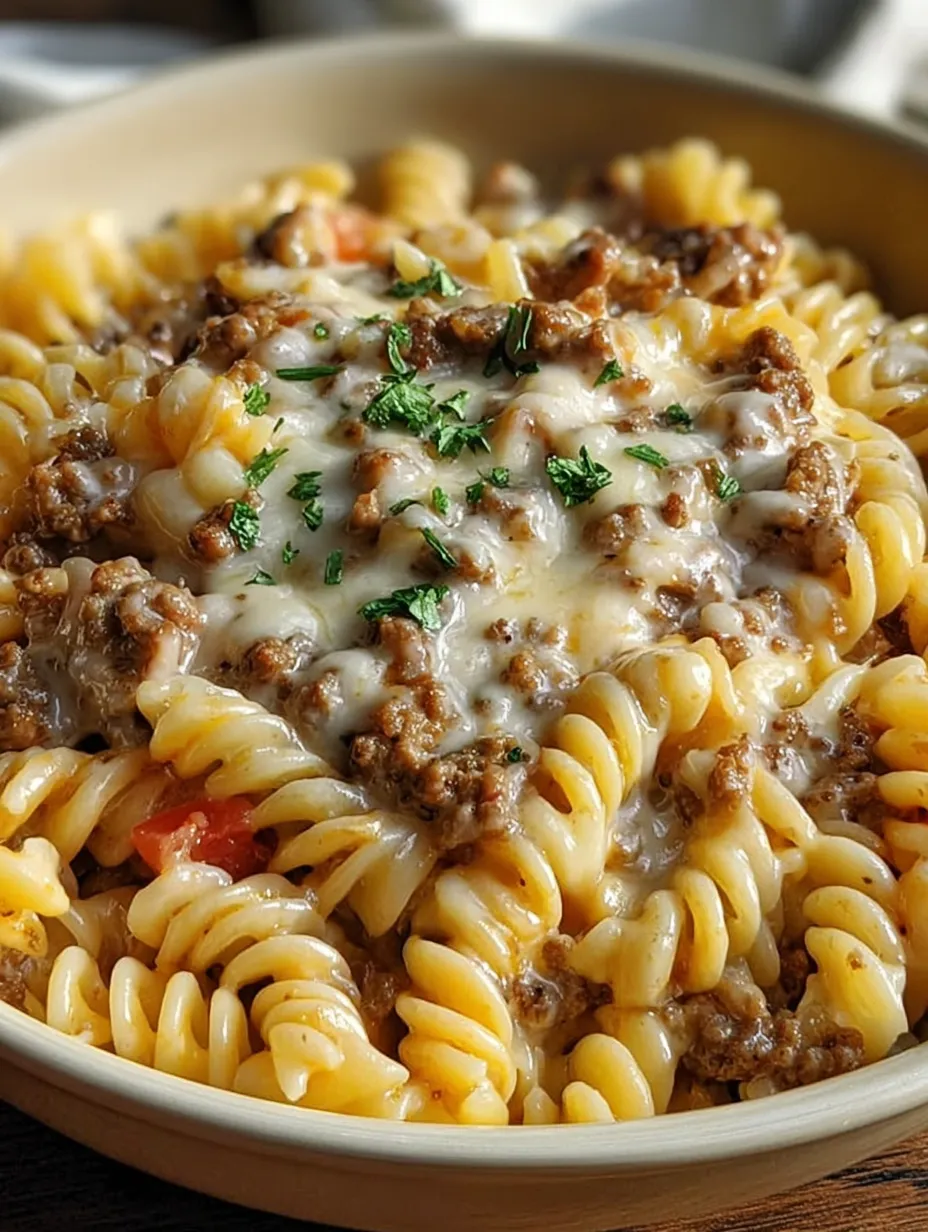 A bowl of pasta with meat and cheese.