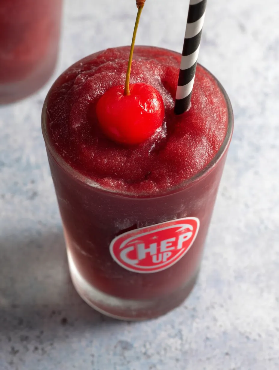 A glass of cherry slurpee with a cherry on top.