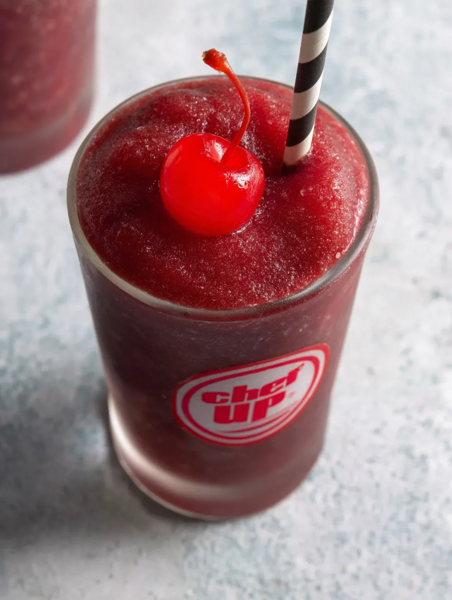 A glass of red slush with a cherry on top.