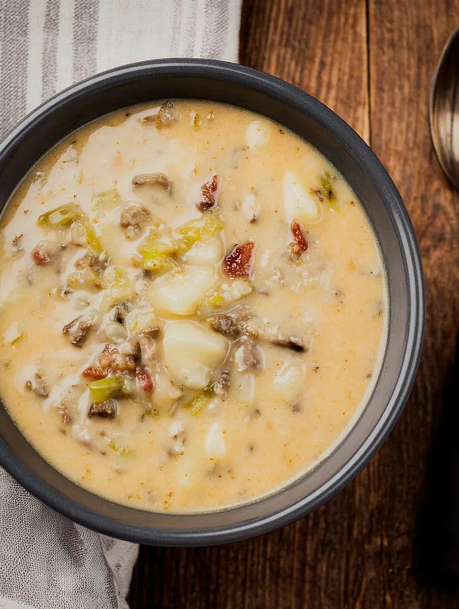 A bowl of soup with meat and vegetables.
