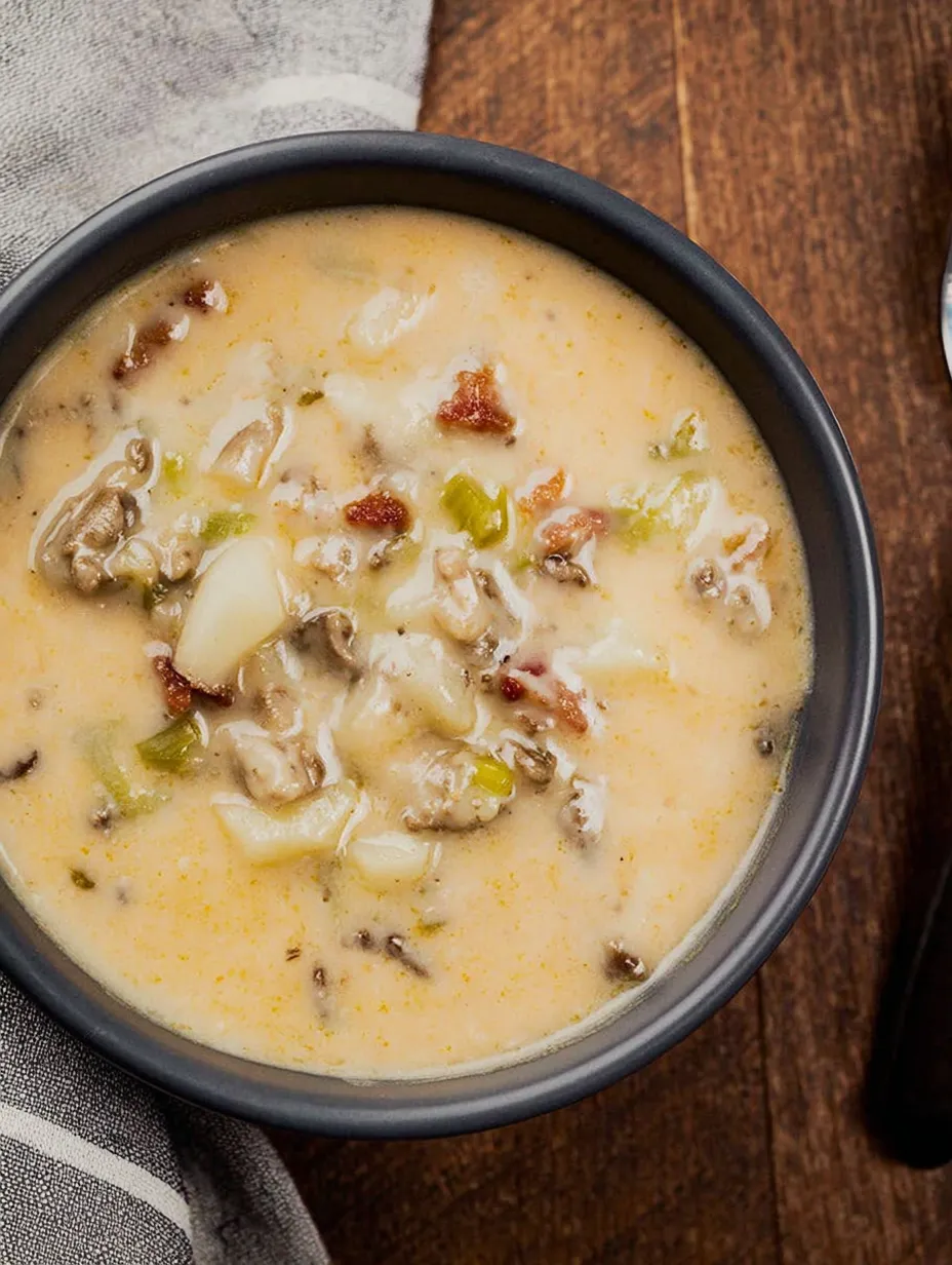 A bowl of soup with meat and vegetables.