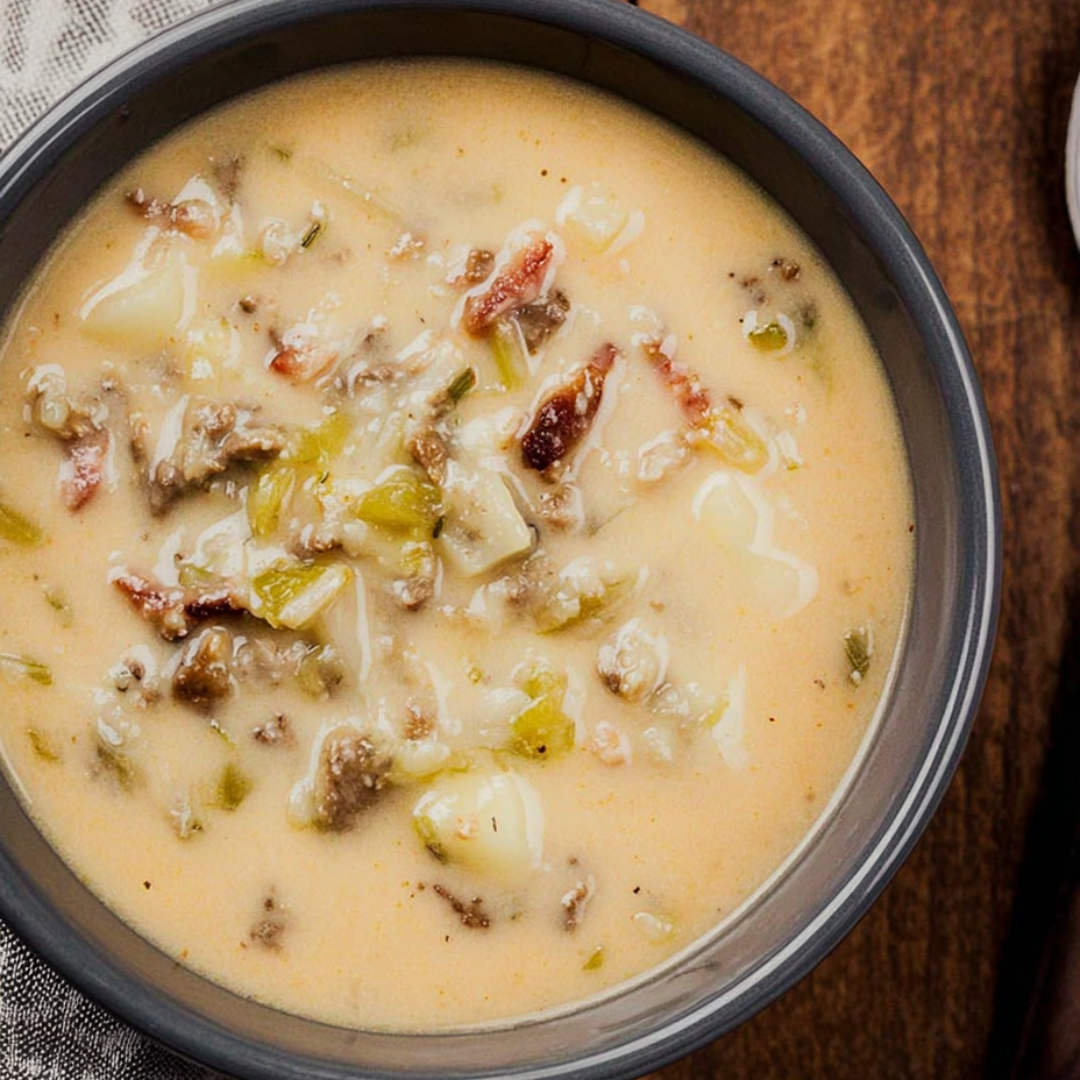 A bowl of soup with meat and vegetables.