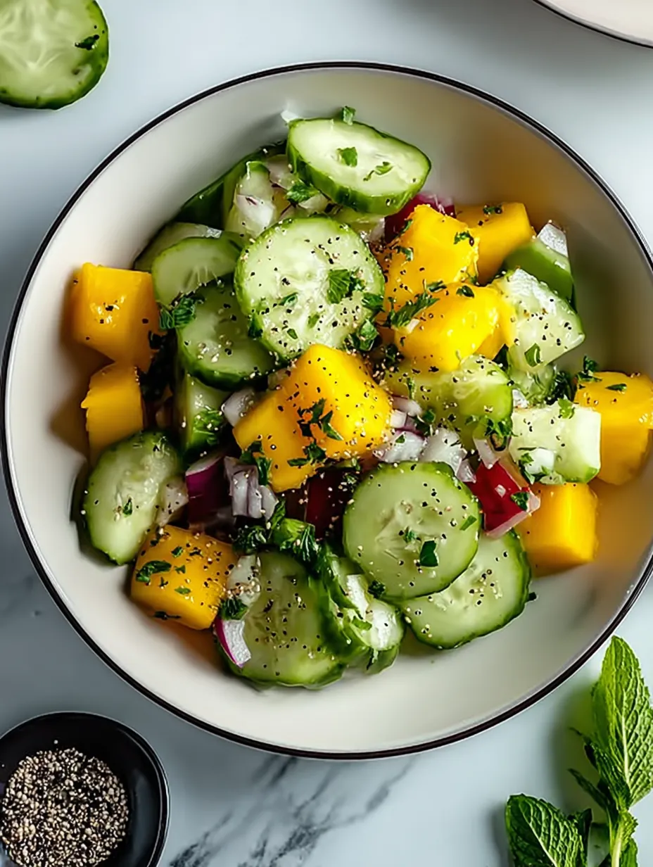A bowl of vegetables including cucumbers, onions, and peppers.
