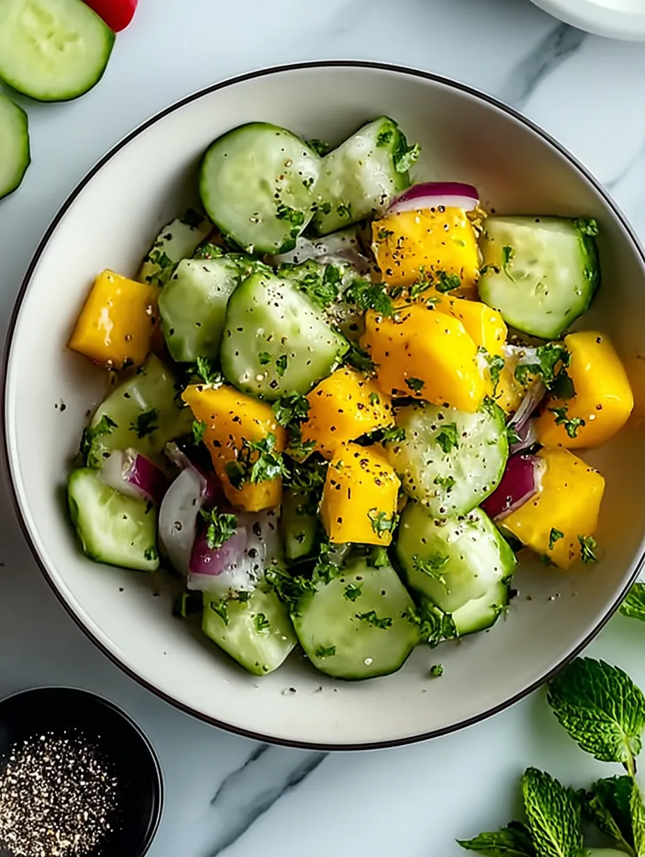 A bowl of vegetables including cucumbers, onions, and peppers.