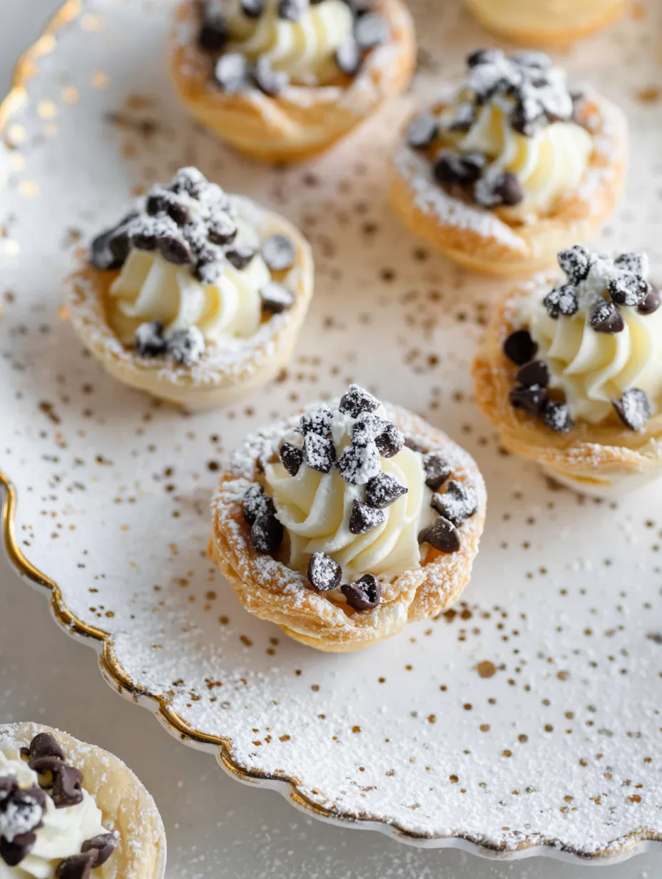 A plate of small desserts with powdered sugar and chocolate chips.
