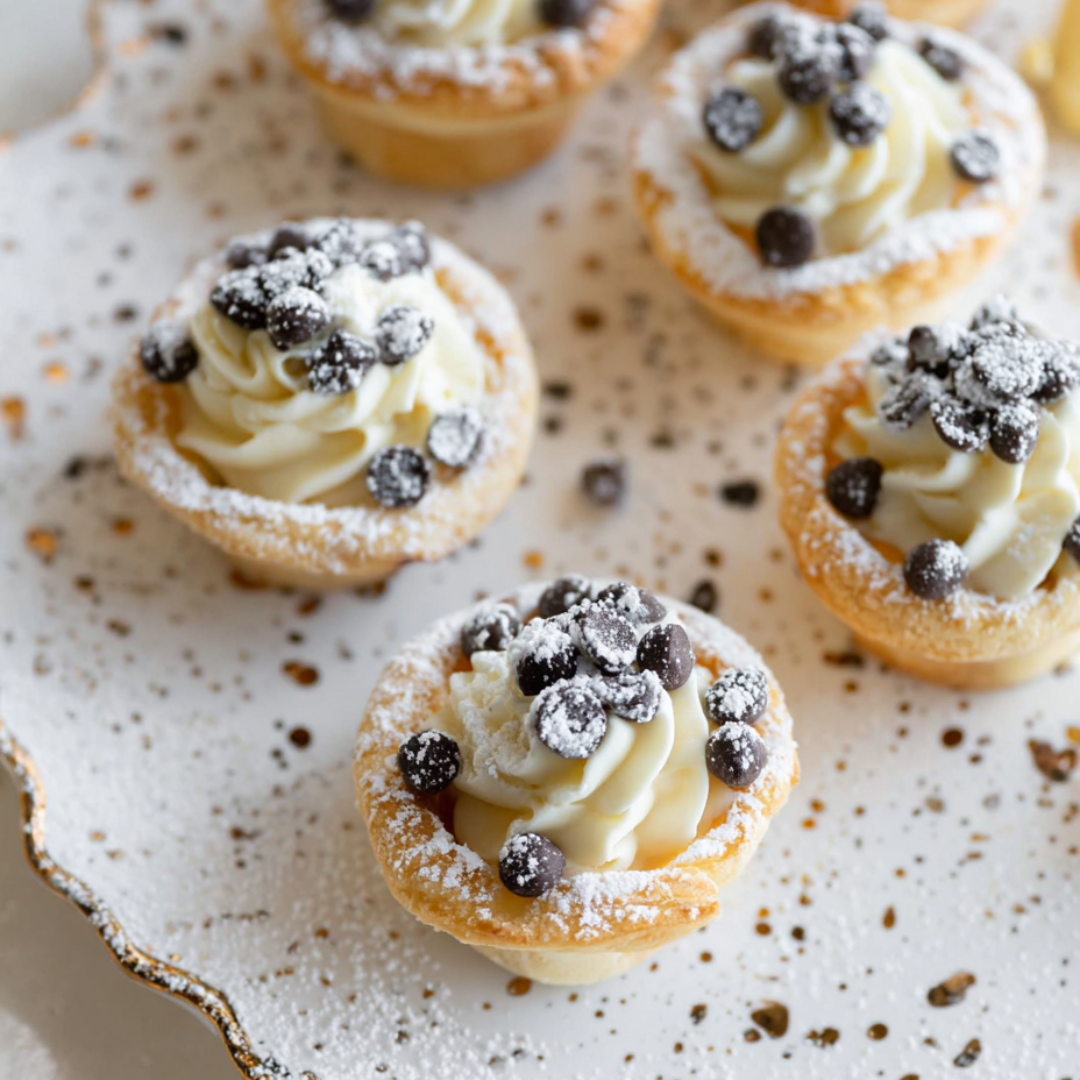A plate of cupcakes with chocolate chips on top.
