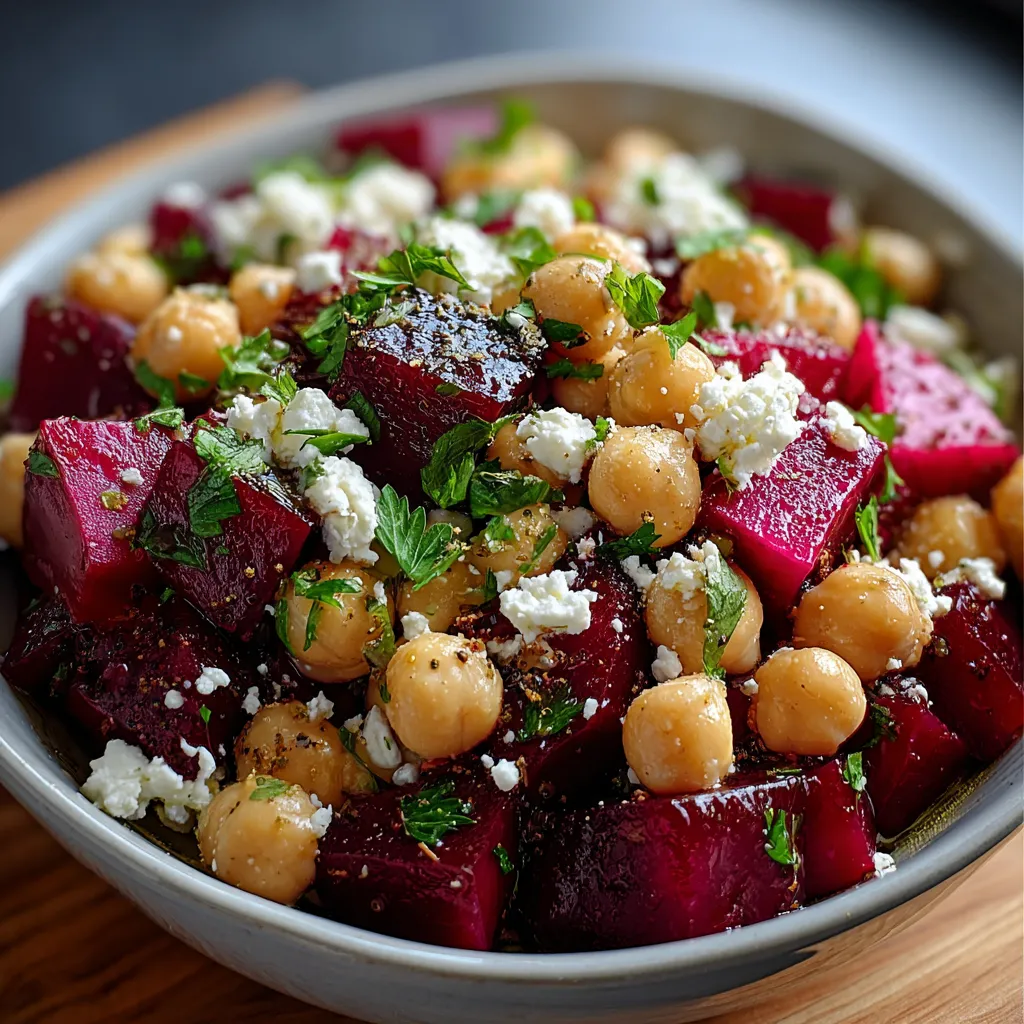 A bowl of food with chickpeas, beets, and cheese.