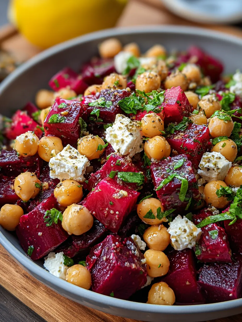 A bowl of food with chickpeas, red beets, and feta cheese.