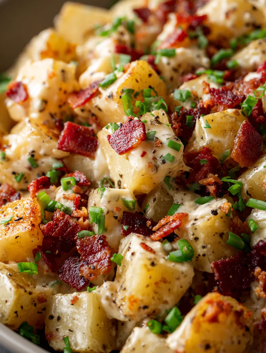 A close up of a dish with bacon and potatoes.