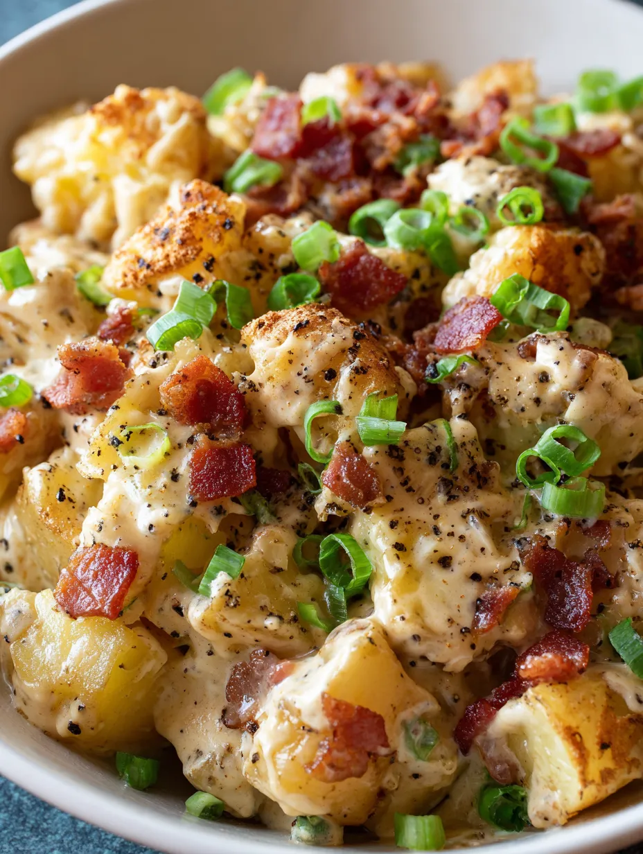 A close up of a dish with bacon, potatoes, and greens.