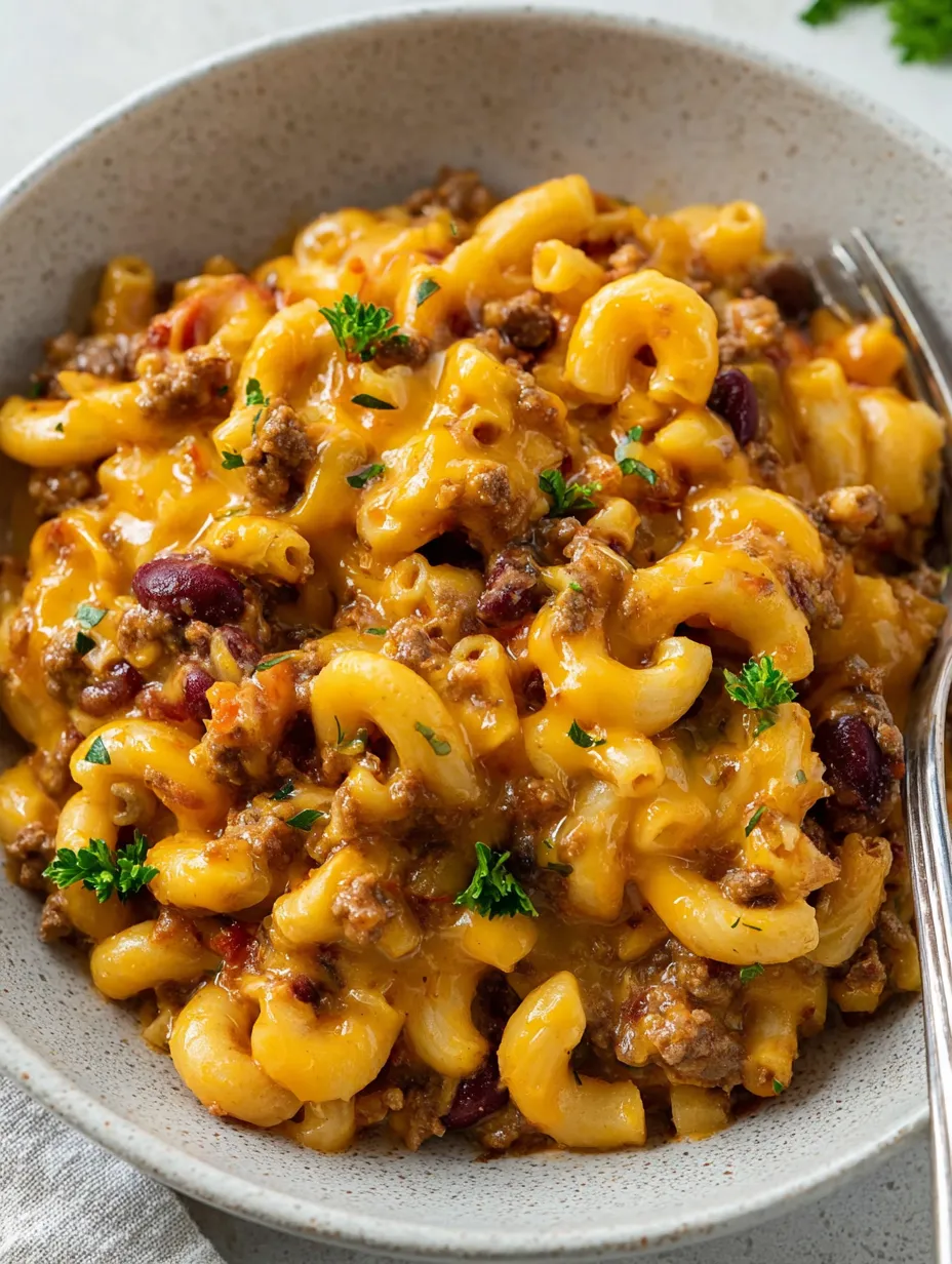 A bowl of macaroni and cheese with meat.